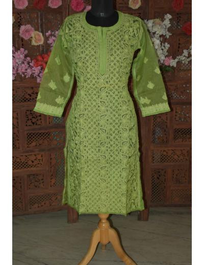 Chhangamal Hand Embroidered Women Parrot Green Colour Organza Chikankari Kurti