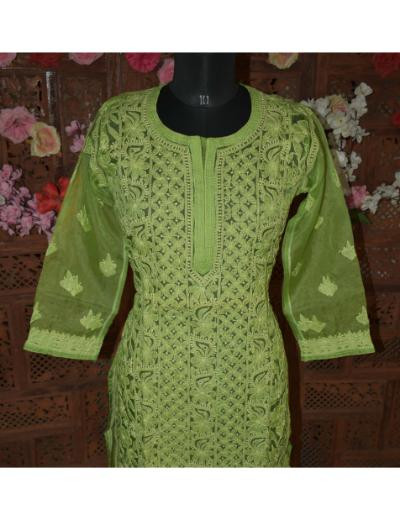 Chhangamal Hand Embroidered Women Parrot Green Colour Organza Chikankari Kurti