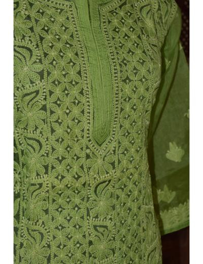 Chhangamal Hand Embroidered Women Parrot Green Colour Organza Chikankari Kurti