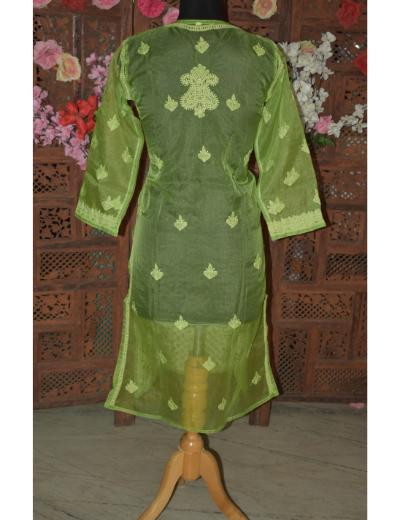 Chhangamal Hand Embroidered Women Parrot Green Colour Organza Chikankari Kurti
