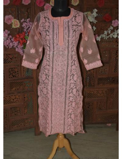 Chhangamal Hand Embroidered Women Peach Colour Organza Chikankari Kurti