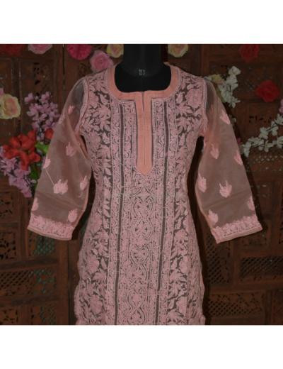 Chhangamal Hand Embroidered Women Peach Colour Organza Chikankari Kurti