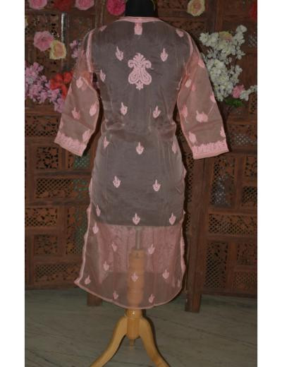 Chhangamal Hand Embroidered Women Peach Colour Organza Chikankari Kurti