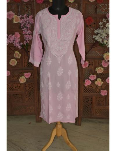 Chhangamal Hand Embroidered Women Pink Colour Mul Cotton Chikankari Kurti