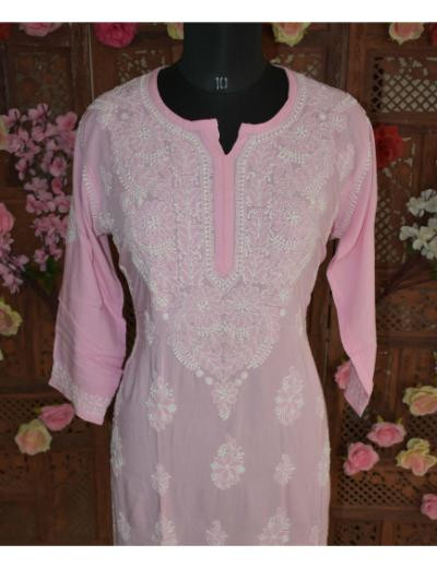 Chhangamal Hand Embroidered Women Pink Colour Mul Cotton Chikankari Kurti