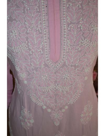 Chhangamal Hand Embroidered Women Pink Colour Mul Cotton Chikankari Kurti