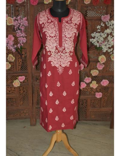Chhangamal Hand Embroidered Women Plum Red Colour Mul Cotton Chikankari Kurti