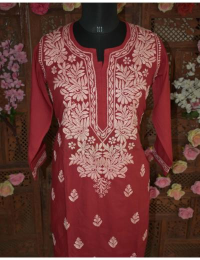 Chhangamal Hand Embroidered Women Plum Red Colour Mul Cotton Chikankari Kurti