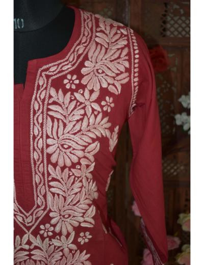 Chhangamal Hand Embroidered Women Plum Red Colour Mul Cotton Chikankari Kurti
