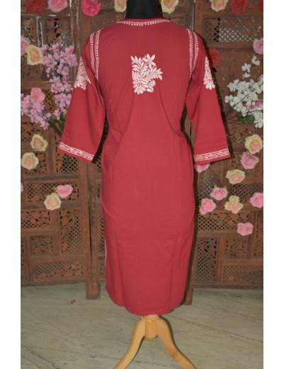Chhangamal Hand Embroidered Women Plum Red Colour Mul Cotton Chikankari Kurti