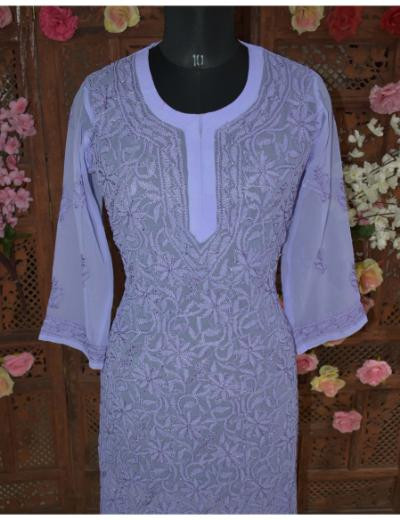 Chhangamal Hand Embroidered Women Purple Colour Georgette  Chikankari Kurti