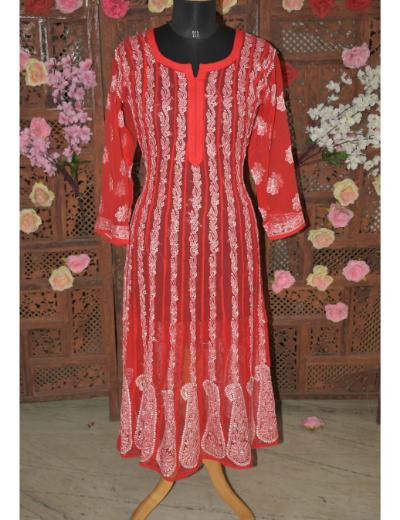 Chhangamal Hand Embroidered Women Red Colour Georgette   Chikankari Anaarkali Kurti