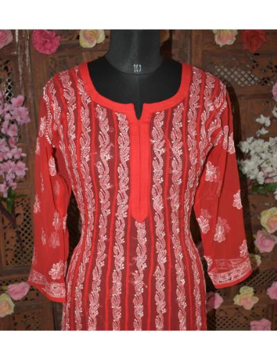 Chhangamal Hand Embroidered Women Red Colour Georgette   Chikankari Anaarkali Kurti