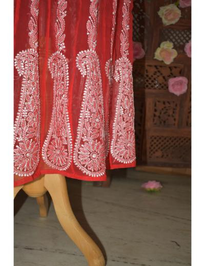 Chhangamal Hand Embroidered Women Red Colour Georgette   Chikankari Anaarkali Kurti
