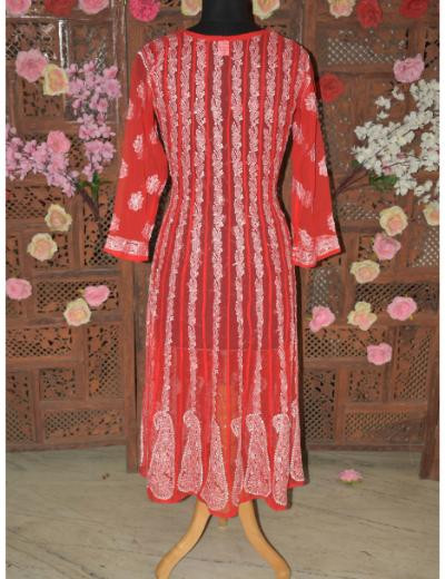 Chhangamal Hand Embroidered Women Red Colour Georgette   Chikankari Anaarkali Kurti