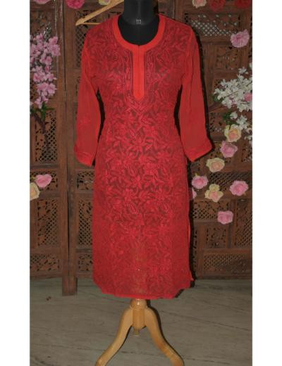 Chhangamal Hand Embroidered Women Red Colour Georgette  Chikankari Kurti
