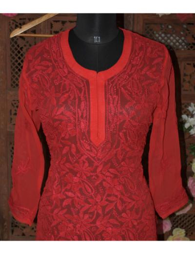 Chhangamal Hand Embroidered Women Red Colour Georgette  Chikankari Kurti