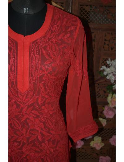Chhangamal Hand Embroidered Women Red Colour Georgette  Chikankari Kurti