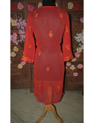 Chhangamal Hand Embroidered Women Red Colour Georgette  Chikankari Kurti