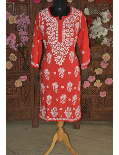 Chhangamal Hand Embroidered Women Red Colour Modal  Chikankari Kurti