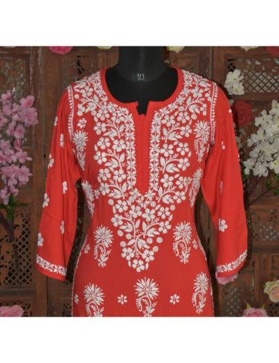 Chhangamal Hand Embroidered Women Red Colour Modal  Chikankari Kurti