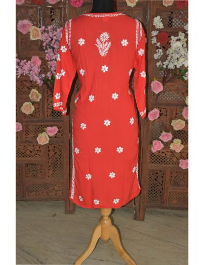 Chhangamal Hand Embroidered Women Red Colour Modal  Chikankari Kurti