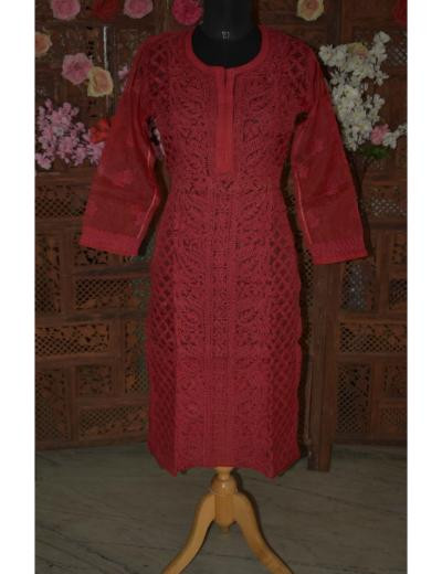 Chhangamal Hand Embroidered Women Red Colour Organza Chikankari Kurti