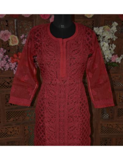 Chhangamal Hand Embroidered Women Red Colour Organza Chikankari Kurti