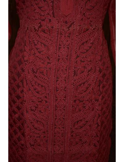 Chhangamal Hand Embroidered Women Red Colour Organza Chikankari Kurti