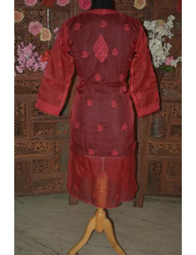 Chhangamal Hand Embroidered Women Red Colour Organza Chikankari Kurti