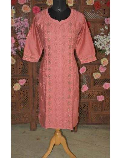 Chhangamal Hand Embroidered Women Rust Colour Chanderi Silk Kurti
