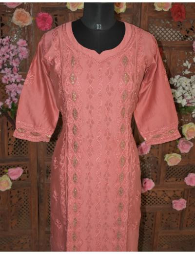 Chhangamal Hand Embroidered Women Rust Colour Chanderi Silk Kurti