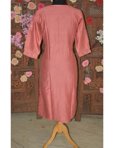 Chhangamal Hand Embroidered Women Rust Colour Chanderi Silk Kurti