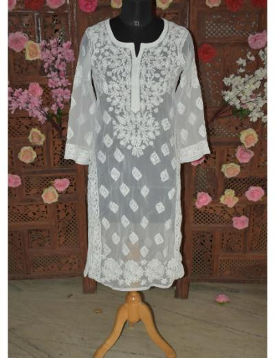 Chhangamal Hand Embroidered Women White Colour Georgette   Chikankari Kurti