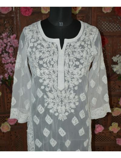 Chhangamal Hand Embroidered Women White Colour Georgette   Chikankari Kurti