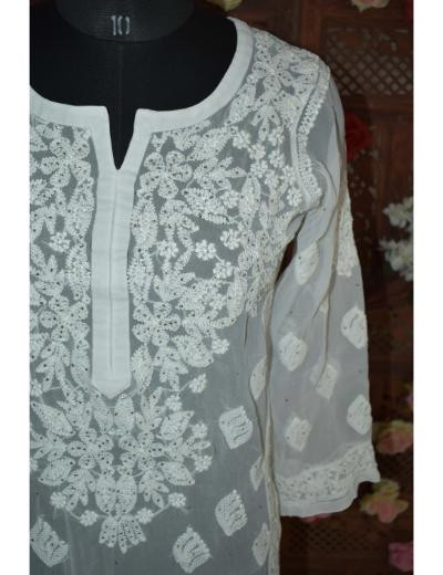 Chhangamal Hand Embroidered Women White Colour Georgette   Chikankari Kurti