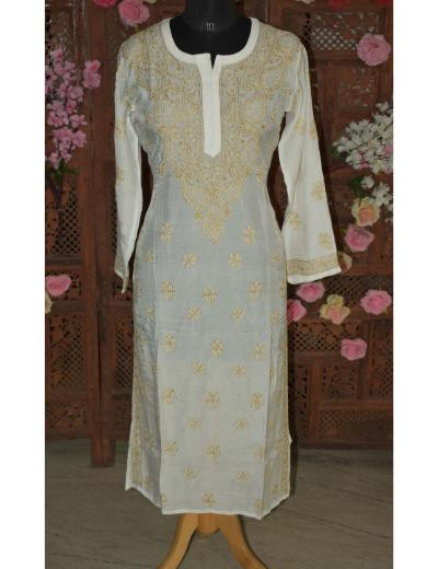 Chhangamal Hand Embroidered Women White Colour Muslin Chikankari Kurti