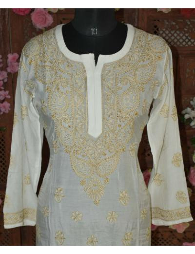 Chhangamal Hand Embroidered Women White Colour Muslin Chikankari Kurti