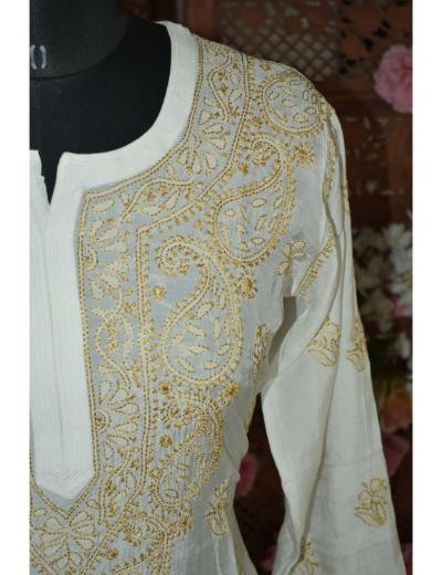 Chhangamal Hand Embroidered Women White Colour Muslin Chikankari Kurti