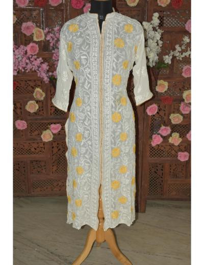 Chhangamal Hand Embroidered Women White Colour Pure Georgette Chikankari Kurti