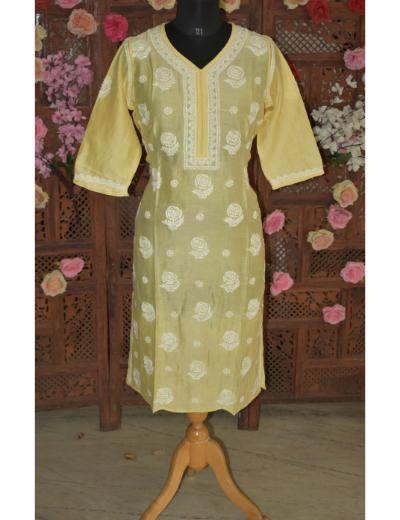 Chhangamal Hand Embroidered Women Yellow Colour Chanderi Silk Kurti