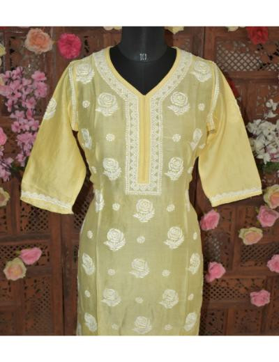 Chhangamal Hand Embroidered Women Yellow Colour Chanderi Silk Kurti