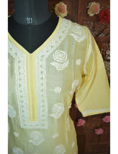 Chhangamal Hand Embroidered Women Yellow Colour Chanderi Silk Kurti