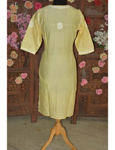 Chhangamal Hand Embroidered Women Yellow Colour Chanderi Silk Kurti