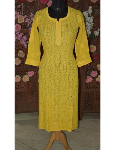 Chhangamal Hand Embroidered Women Yellow Colour Pure Georgette Chikankari Kurti