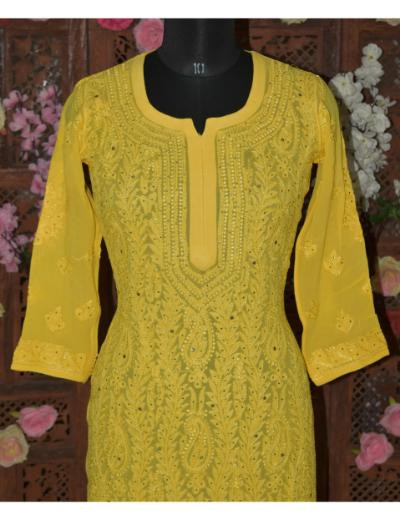 Chhangamal Hand Embroidered Women Yellow Colour Pure Georgette Chikankari Kurti