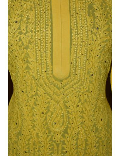 Chhangamal Hand Embroidered Women Yellow Colour Pure Georgette Chikankari Kurti