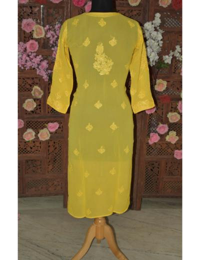Chhangamal Hand Embroidered Women Yellow Colour Pure Georgette Chikankari Kurti
