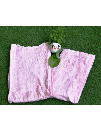 Chhangamal Hand Embroidered Womens Baby Pink Colour Chanderi Chikankari Kurta set