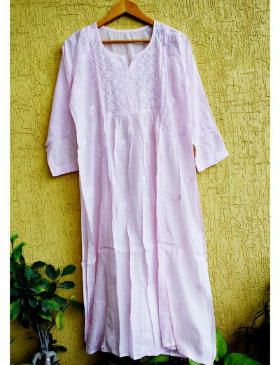 Chhangamal Hand Embroidered Womens Baby Pink Colour Chanderi Chikankari Kurta set